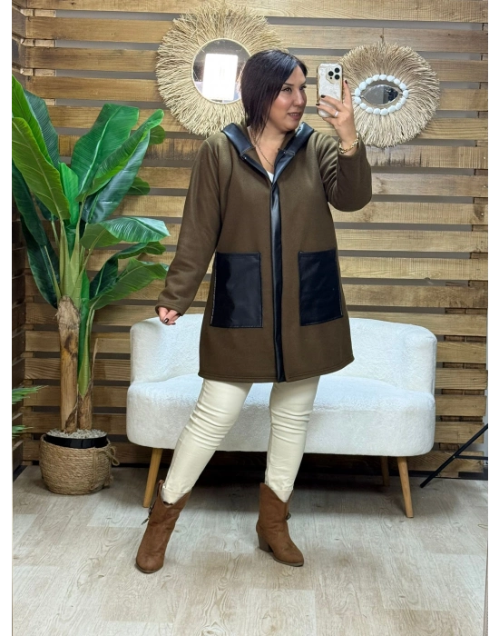 Tasarım Deri Detaylı Kapüşonlu Fleece Mont Kahve