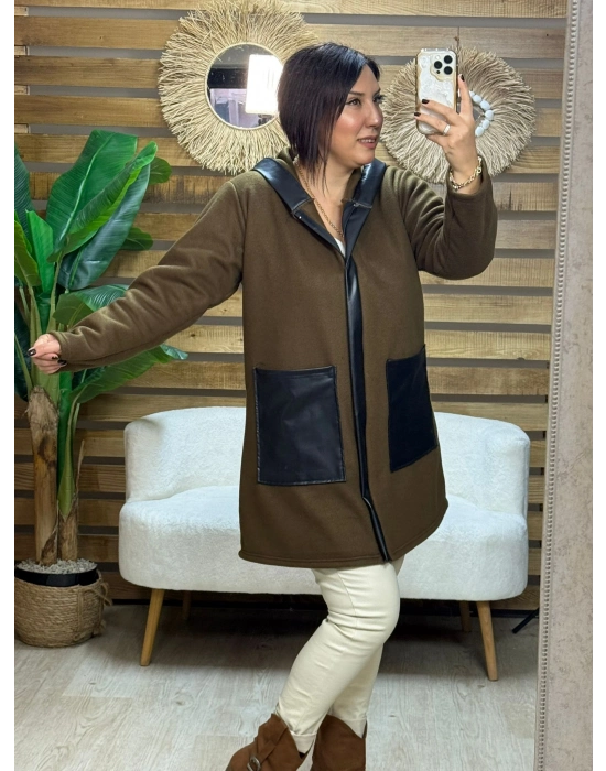 Tasarım Deri Detaylı Kapüşonlu Fleece Mont Kahve