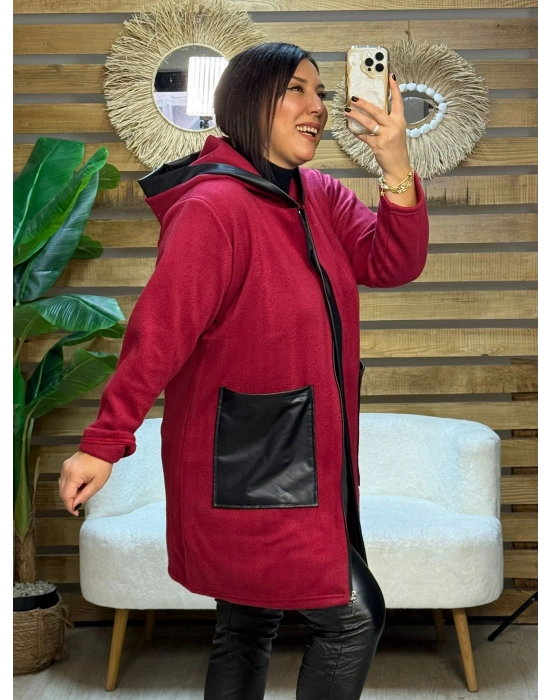 Tasarım Deri Detaylı Kapüşonlu Fleece Mont Kırmızı
