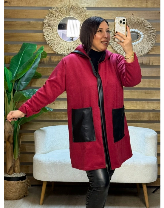 Tasarım Deri Detaylı Kapüşonlu Fleece Mont Kırmızı