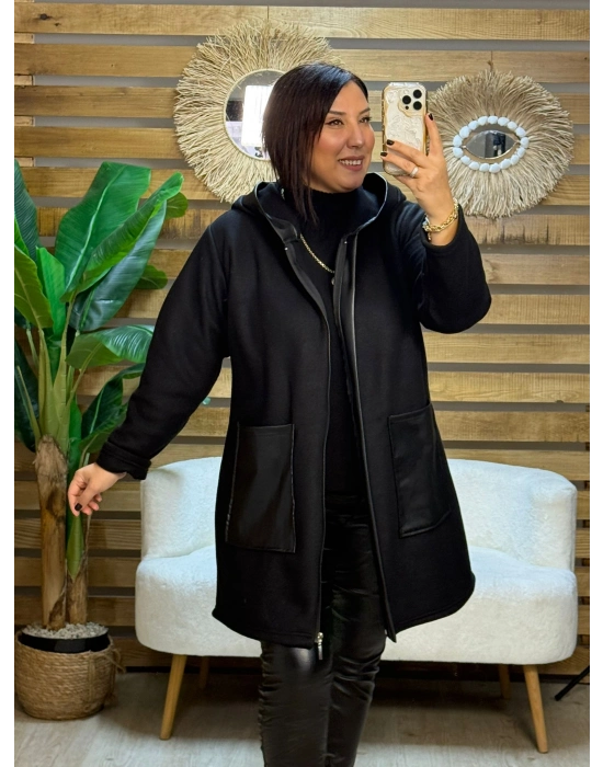 Tasarım Deri Detaylı Kapüşonlu Fleece Mont Siyah