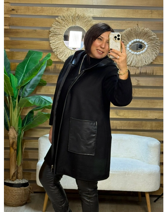 Tasarım Deri Detaylı Kapüşonlu Fleece Mont Siyah