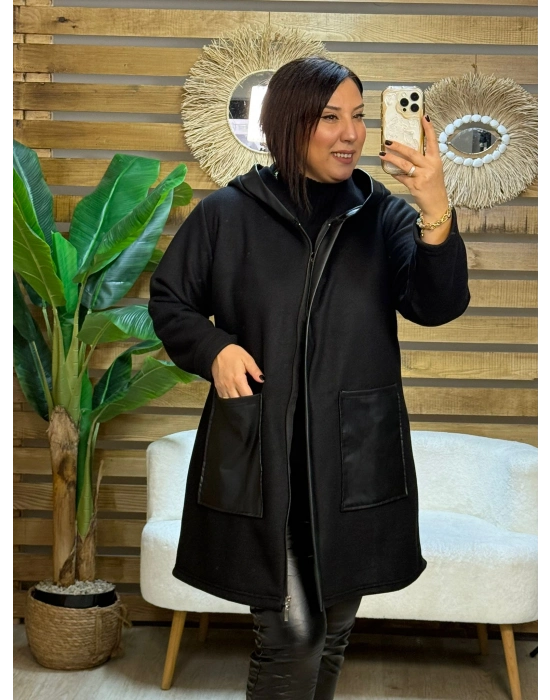 Tasarım Deri Detaylı Kapüşonlu Fleece Mont Siyah