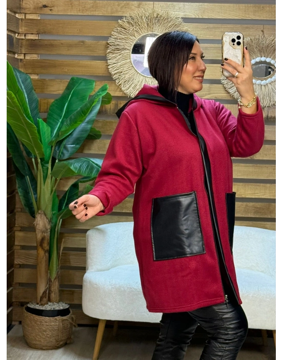 Tasarım Deri Detaylı Kapüşonlu Fleece Mont Kırmızı