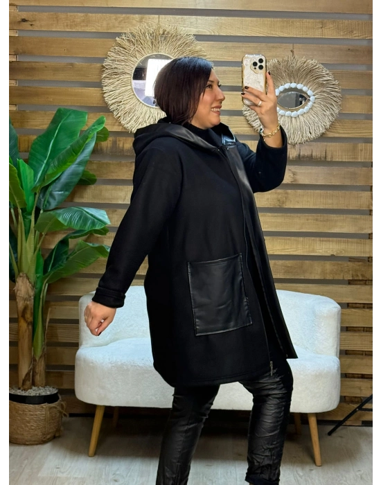 Tasarım Deri Detaylı Kapüşonlu Fleece Mont Siyah