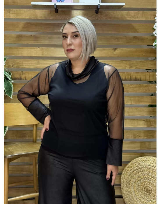 Tasarım Deri Detaylı Tül Atletli Bluz