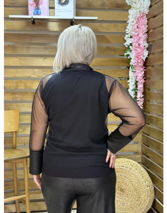 Tasarım Deri Detaylı Tül Atletli Bluz