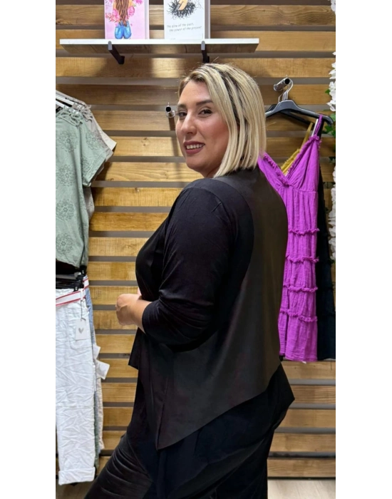 Tasarım Deri Görünümlü Bluz Yelek Kolye Takım Siyah