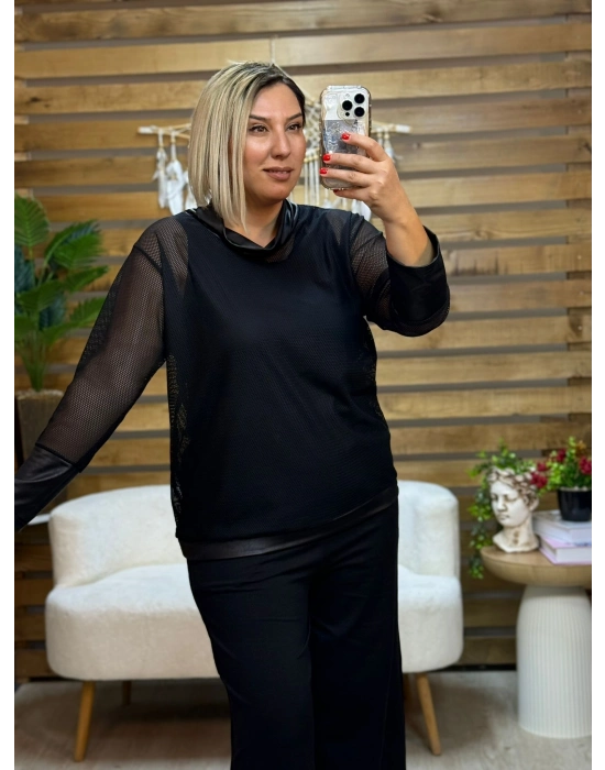 Tasarım Deri Görünümlü Degaje Yaka ve Kol Detaylı File Atlet Bluz