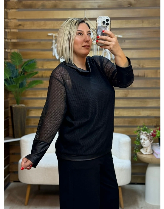 Tasarım Deri Görünümlü Degaje Yaka ve Kol Detaylı File Atlet Bluz