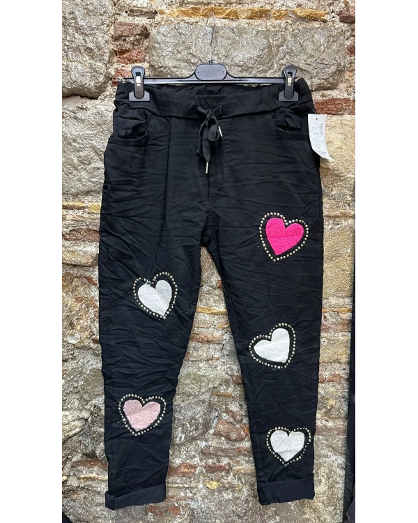 İtalyan Pamuklu Likralı Kalp Tasarım Taş İşlemeli Pantolon Siyah