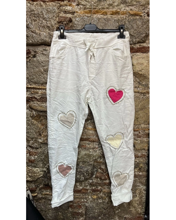 İtalyan Pamuklu Likralı Kalp Tasarım Taş İşlemeli Pantolon Kırık Beyaz