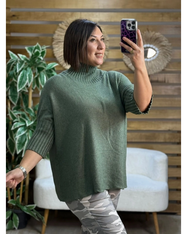 İtalyan Tasarım Balıkçı Yaka Oversize Yarım Kol Kazak Haki