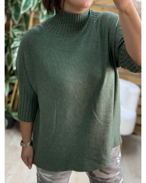 İtalyan Tasarım Balıkçı Yaka Oversize Yarım Kol Kazak Haki