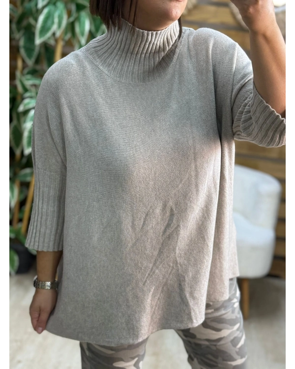 İtalyan Tasarım Balıkçı Yaka Oversize Yarım Kol Kazak Vizon