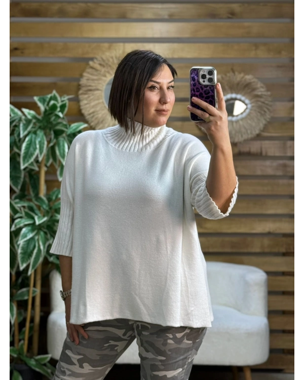 İtalyan Tasarım Balıkçı Yaka Oversize Yarım Kol Kazak Beyaz