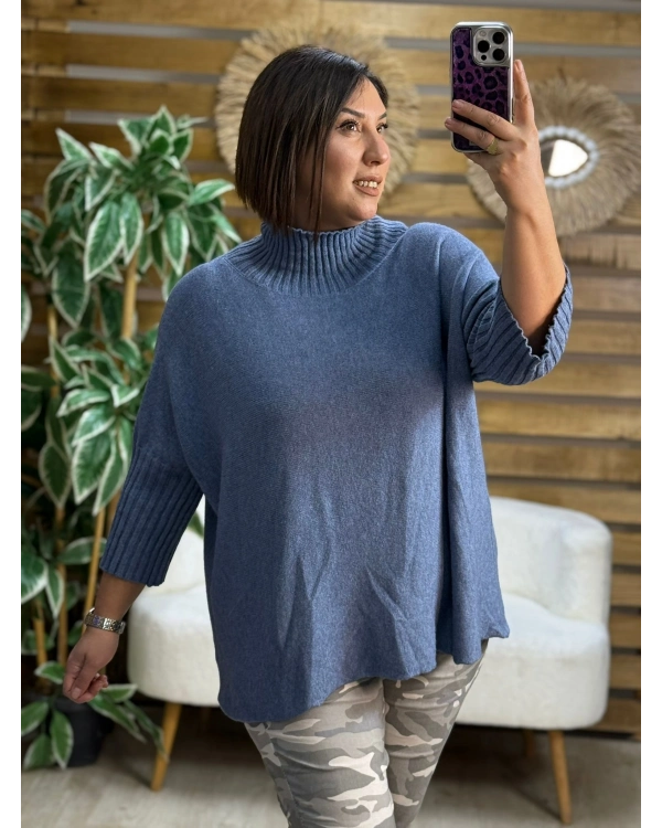 İtalyan Tasarım Balıkçı Yaka Oversize Yarım Kol Kazak İndigo