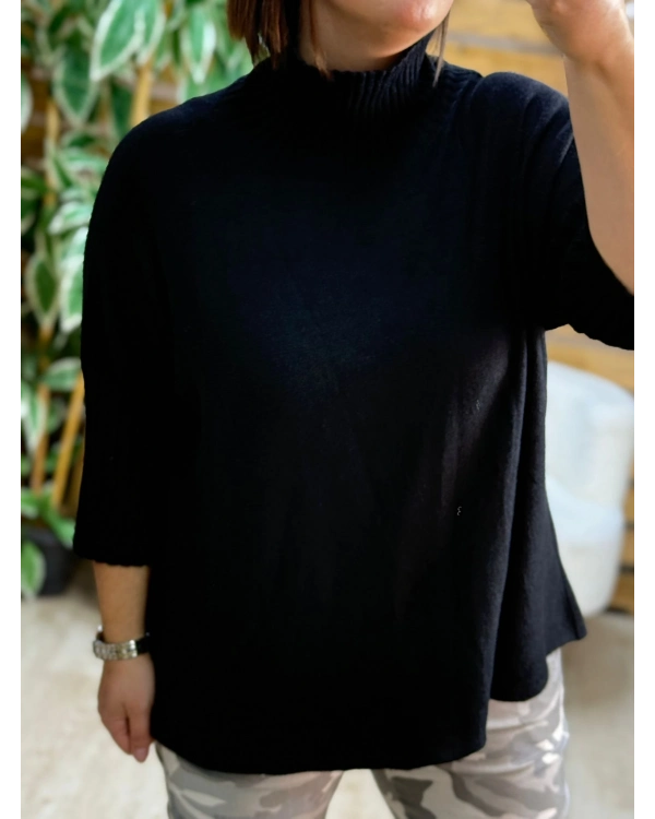 İtalyan Tasarım Balıkçı Yaka Oversize Yarım Kol Kazak Siyah