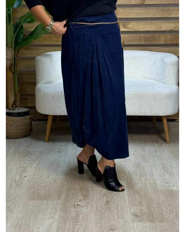 İtalyan Tasarım Beli Otantik Kemerli Kadife Etek Lacivert