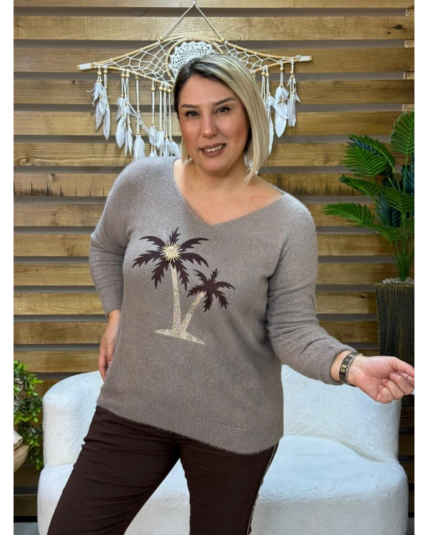 İtalyan Tasarım Broş Detaylı Palmiye Baskılı V Yaka Simli Angora Kazak Vizon