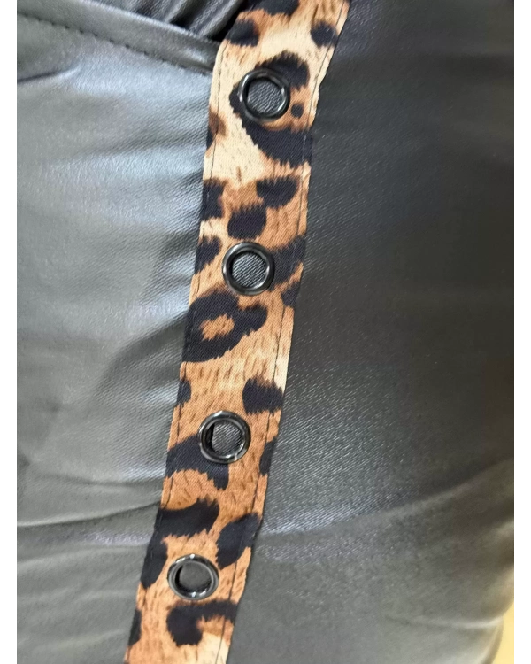 İtalyan Tasarım Deri Leopar Detaylı Likralı Pantolon Siyah