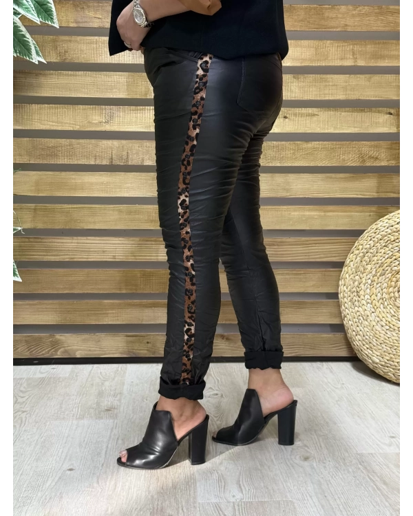 İtalyan Tasarım Deri Leopar Detaylı Likralı Pantolon Siyah
