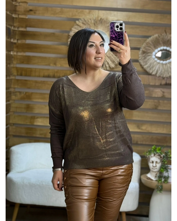 İtalyan Tasarım Desenli Örme Detaylı Yaldız Triko Bluz Kahve