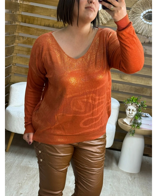 İtalyan Tasarım Desenli Örme Detaylı Yaldız Triko Bluz Oranj