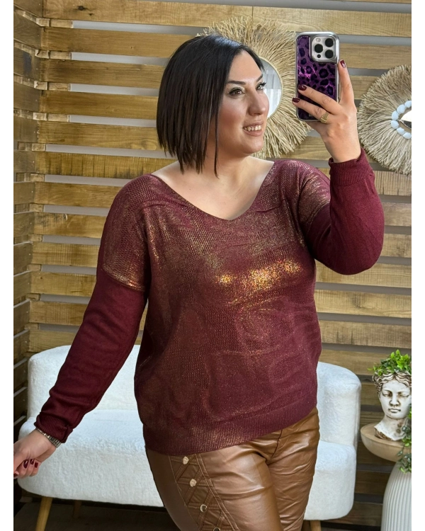 İtalyan Tasarım Desenli Örme Detaylı Yaldız Triko Bluz Bordo