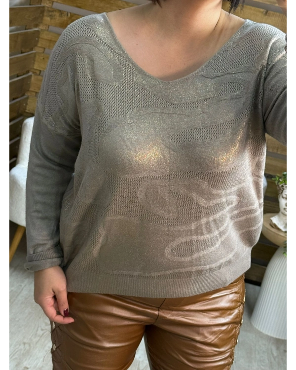 İtalyan Tasarım Desenli Örme Detaylı Yaldız Triko Bluz Vizon