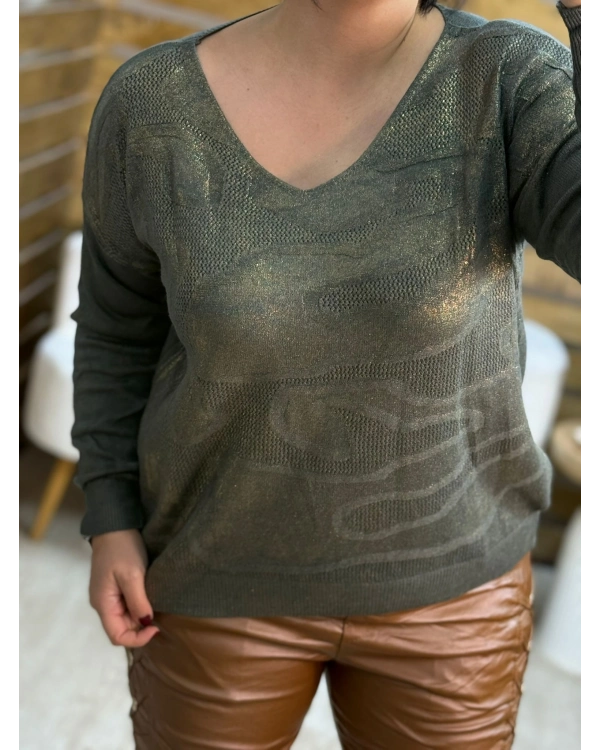 İtalyan Tasarım Desenli Örme Detaylı Yaldız Triko Bluz Haki