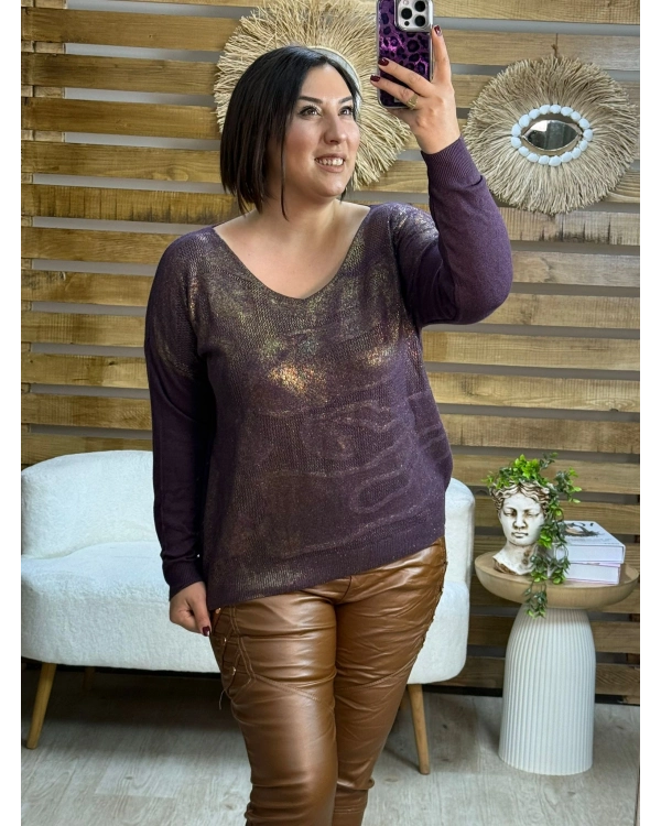 İtalyan Tasarım Desenli Örme Detaylı Yaldız Triko Bluz Mor