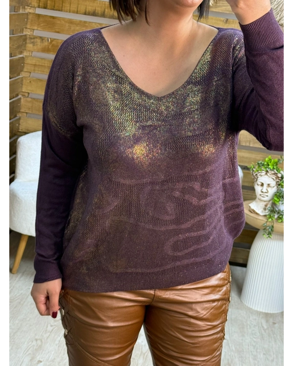 İtalyan Tasarım Desenli Örme Detaylı Yaldız Triko Bluz Mor