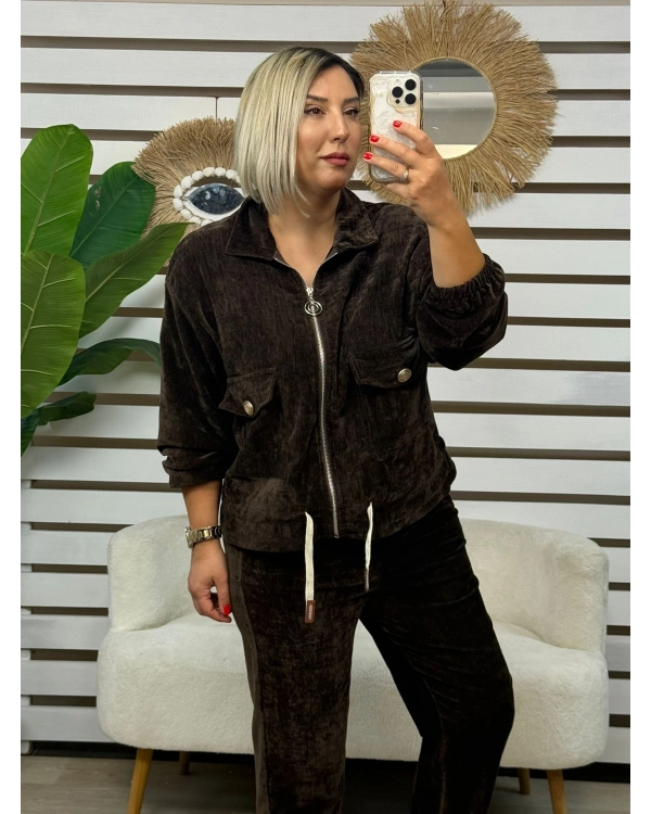 İtalyan Tasarım Düğmeli Çift Cepli Kadife Takım Kahverengi