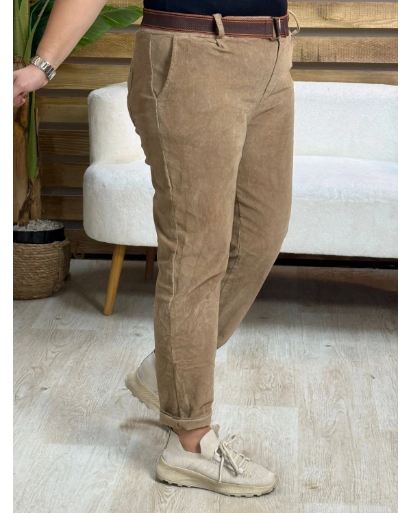 İtalyan Tasarım Düz Desen Kemerli Kadife Pantolon Camel