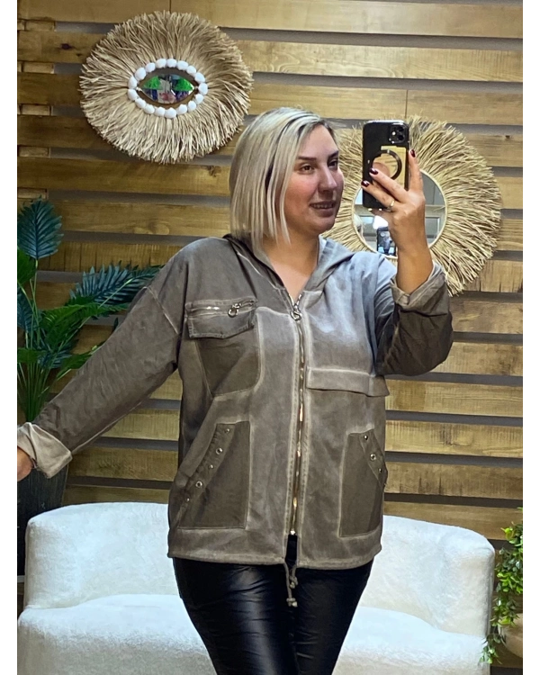 İtalyan Tasarım Fermuarlı Kapüşonlu Zımba Detaylı Esitme Ceket Vizon