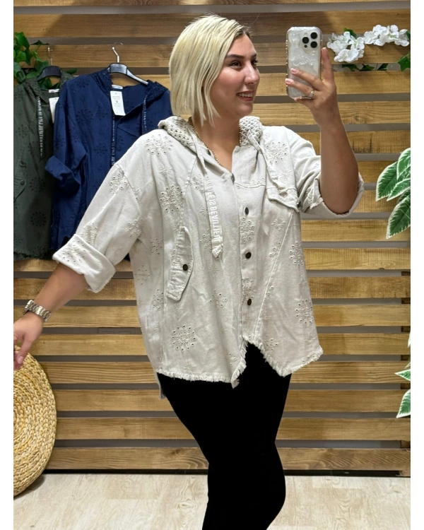 İtalyan Tasarım Fisto İşlemeli Kapüşonlu Ceket Krem