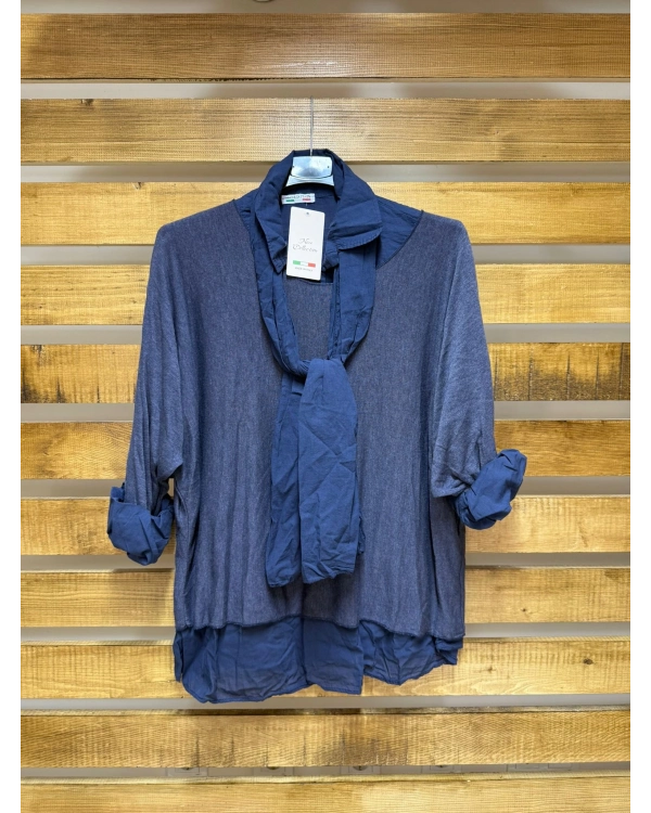 İtalyan Tasarım Gömlek Fular Bluz Takım Lacivert