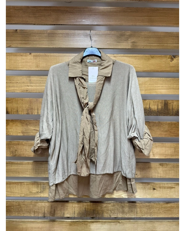 İtalyan Tasarım Gömlek Fular Bluz Takım Camel