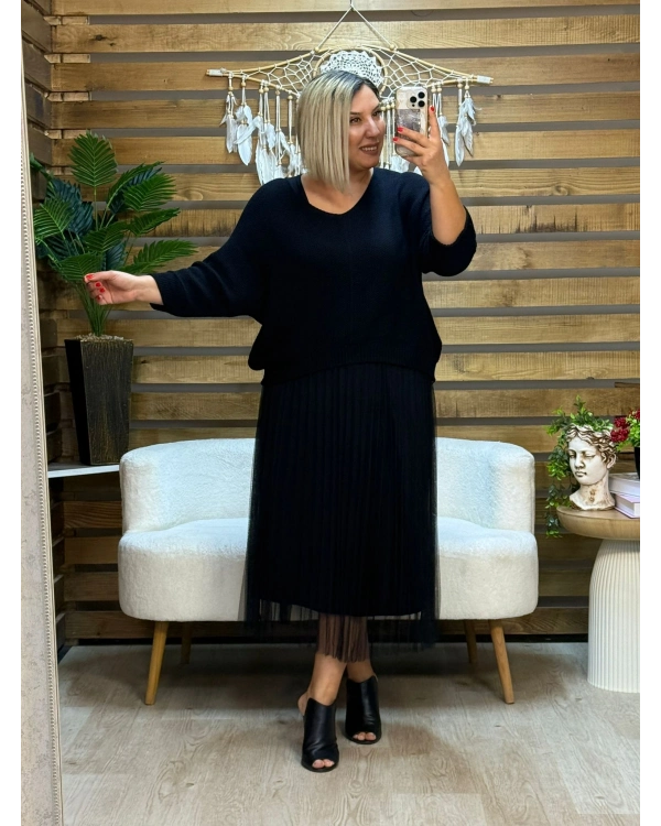 İtalyan Tasarım İkili Triko Bluz ve Tül Elbise Siyah