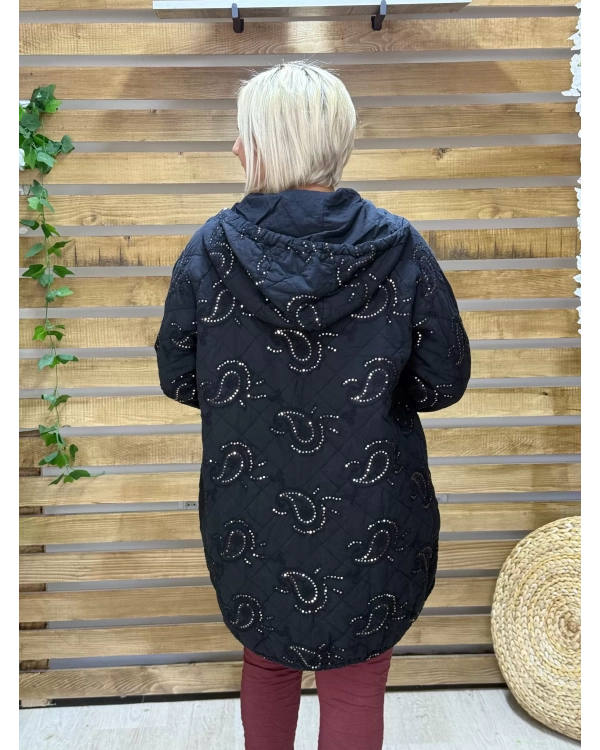 İtalyan Tasarım İşlemeli Kapüşonlu Mont Siyah