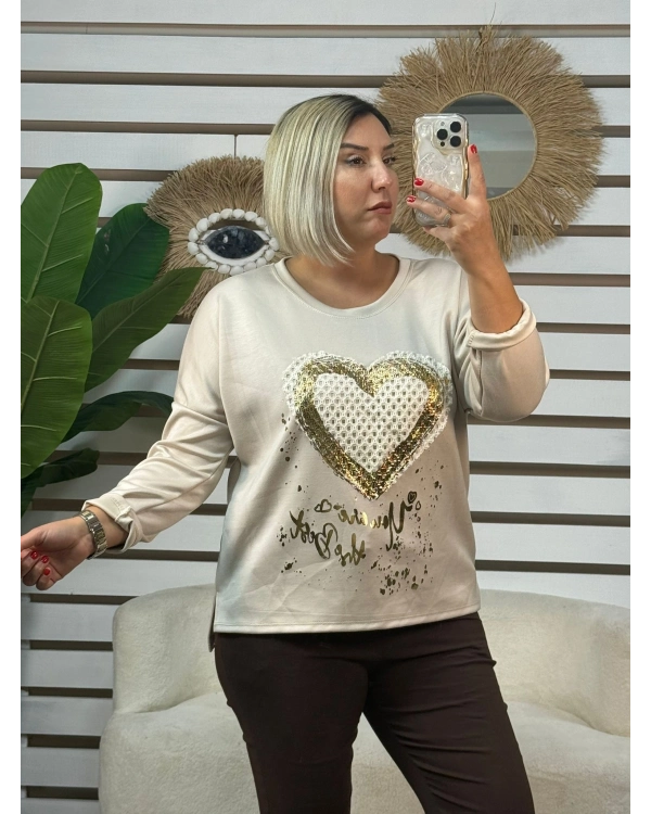 İtalyan Tasarım Kalp Desen Yaldızlı File Detaylı Bluz Bej