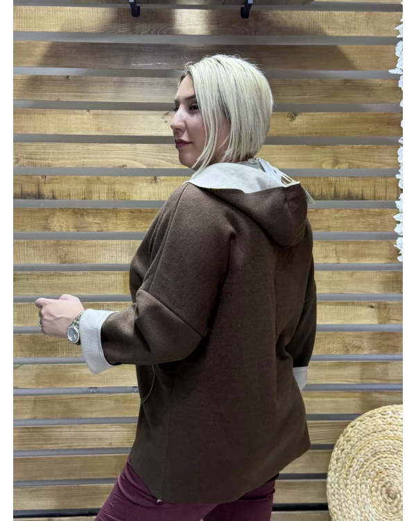 İtalyan Tasarım Kapüşonlu Düz Desen Kap Camel