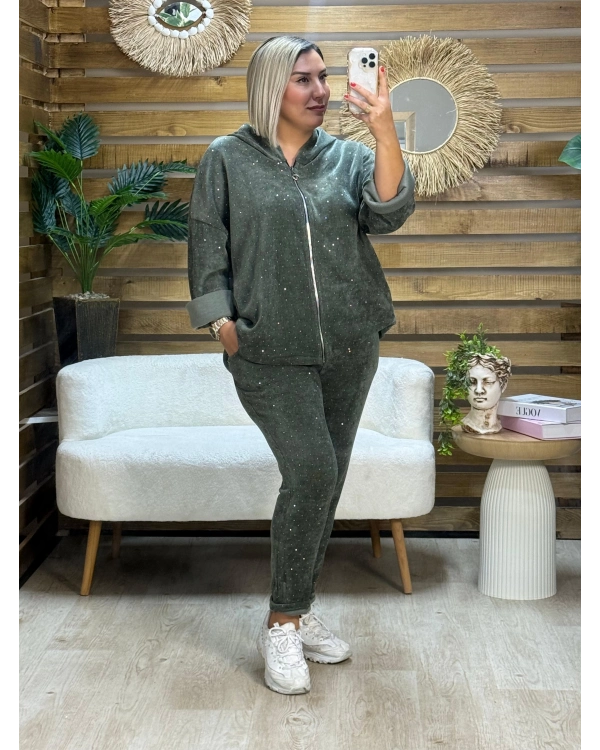 İtalyan Tasarım Kapüşonlu Işıltılı Taş İşlemeli Kadife Takım Haki