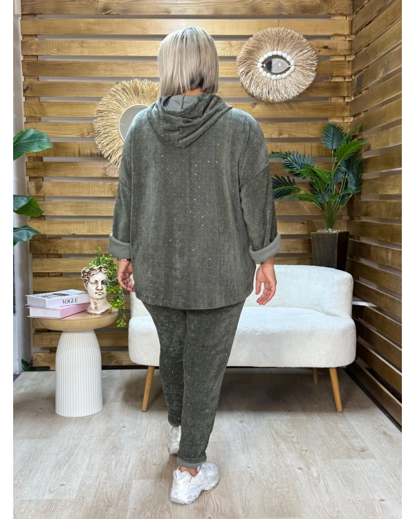 İtalyan Tasarım Kapüşonlu Işıltılı Taş İşlemeli Kadife Takım Haki