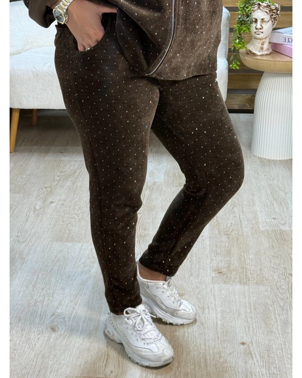 İtalyan Tasarım Kapüşonlu Işıltılı Taş İşlemeli Kadife Takım Kahverengi