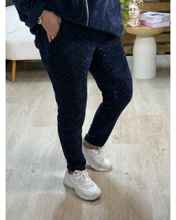 İtalyan Tasarım Kapüşonlu Işıltılı Taş İşlemeli Kadife Takım Lacivert