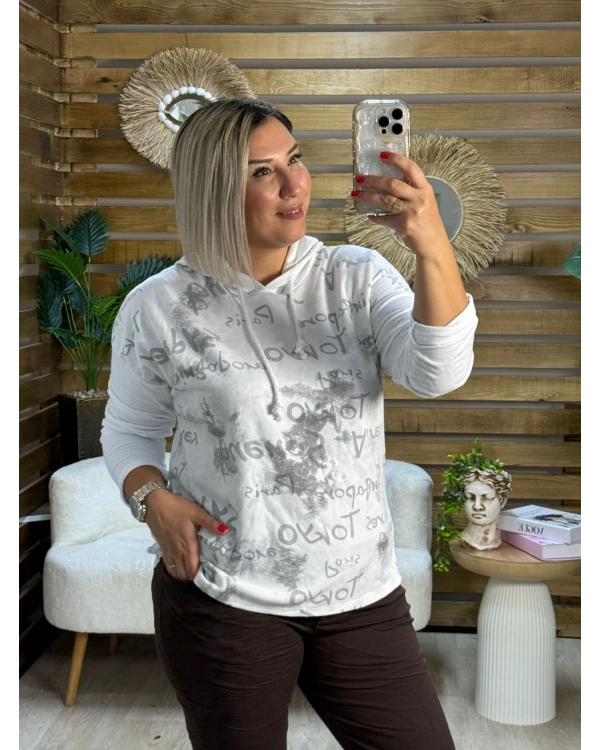 İtalyan Tasarım Kapüşonlu Yazı Detaylı Eskitme Sweatshirt Beyaz