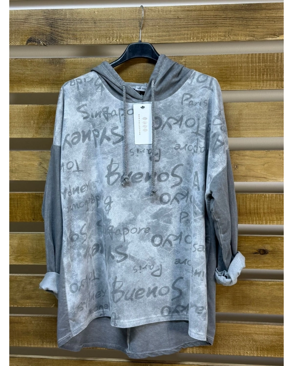 İtalyan Tasarım Kapüşonlu Yazı Detaylı Eskitme Sweatshirt Antrasit