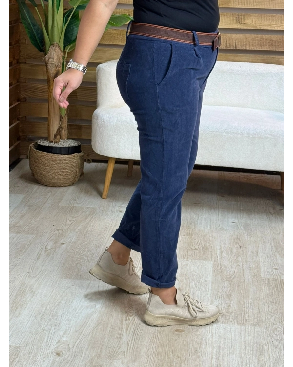 İtalyan Tasarım Kemerli Boyfriend Kadife Pantolon Lacivert